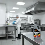 Botella de Plomero 1lt en una cocina profesional, ideal para el mantenimiento de piletas y desagües en restaurantes.