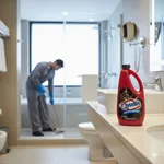 Botella de Ayudín 1lt siendo utilizada en el mantenimiento preventivo de un baño de hotel o cocina profesional.