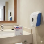 Zoom circular mostrando el pulsador reforzado y la ventana de control de nivel del dispenser Softcare 2776.