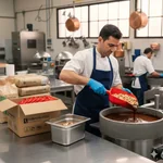 Operario de chocolatería utilizando pala roja Italimpia para manipulación de materias primas.