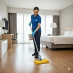 Personal de limpieza utilizando el paño de microfibra Lafitte amarillo en el piso de un lobby de hotel.  2. Estructura de Contenido y SEO