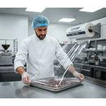 Operario sellando una bandeja de bombones o alimentos con film Ecochep.