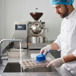 Cepillo Italimpia 22cm siendo utilizado en la limpieza de una mesada de producción.