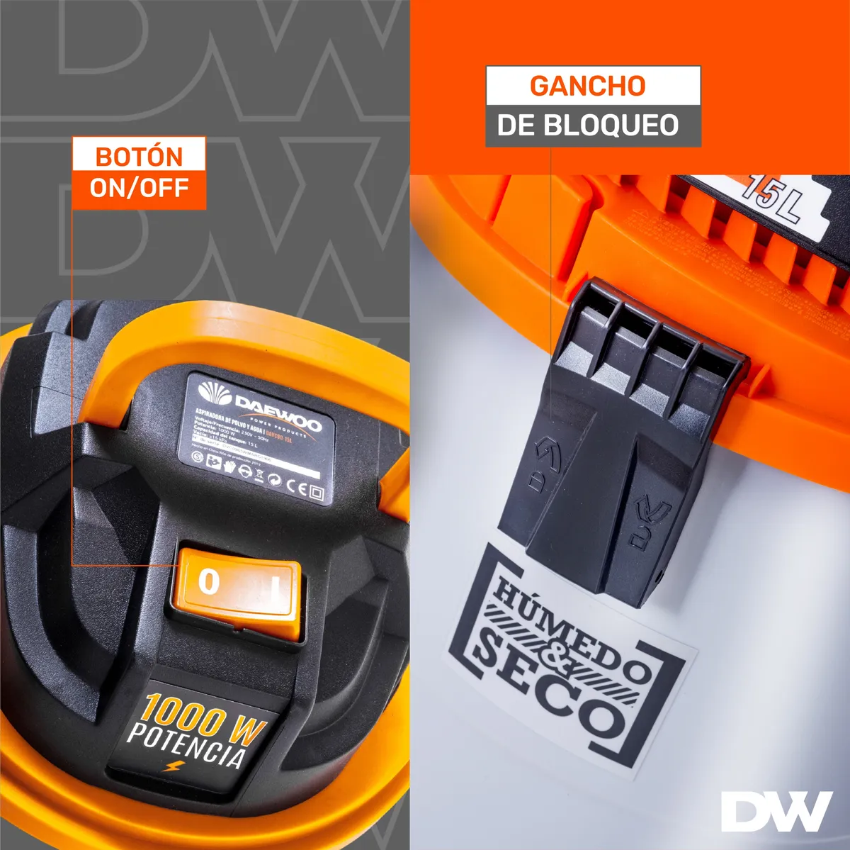 Detalle del cabezal y kit de boquillas de la aspiradora Daewoo de 1000W.