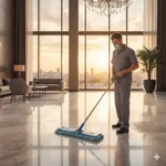 Operario barriendo el salón de un hotel con la mopa seca Virutex Pro de 90 cm.