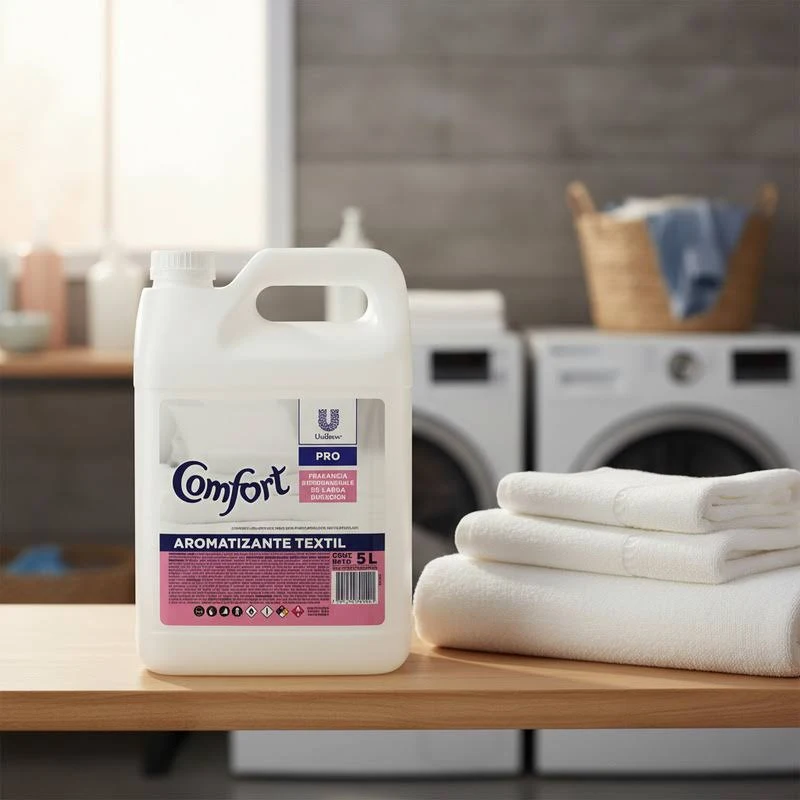 Bidón de Comfort 5lt en el área de planchado de un lavadero industrial o ropería de hotel.